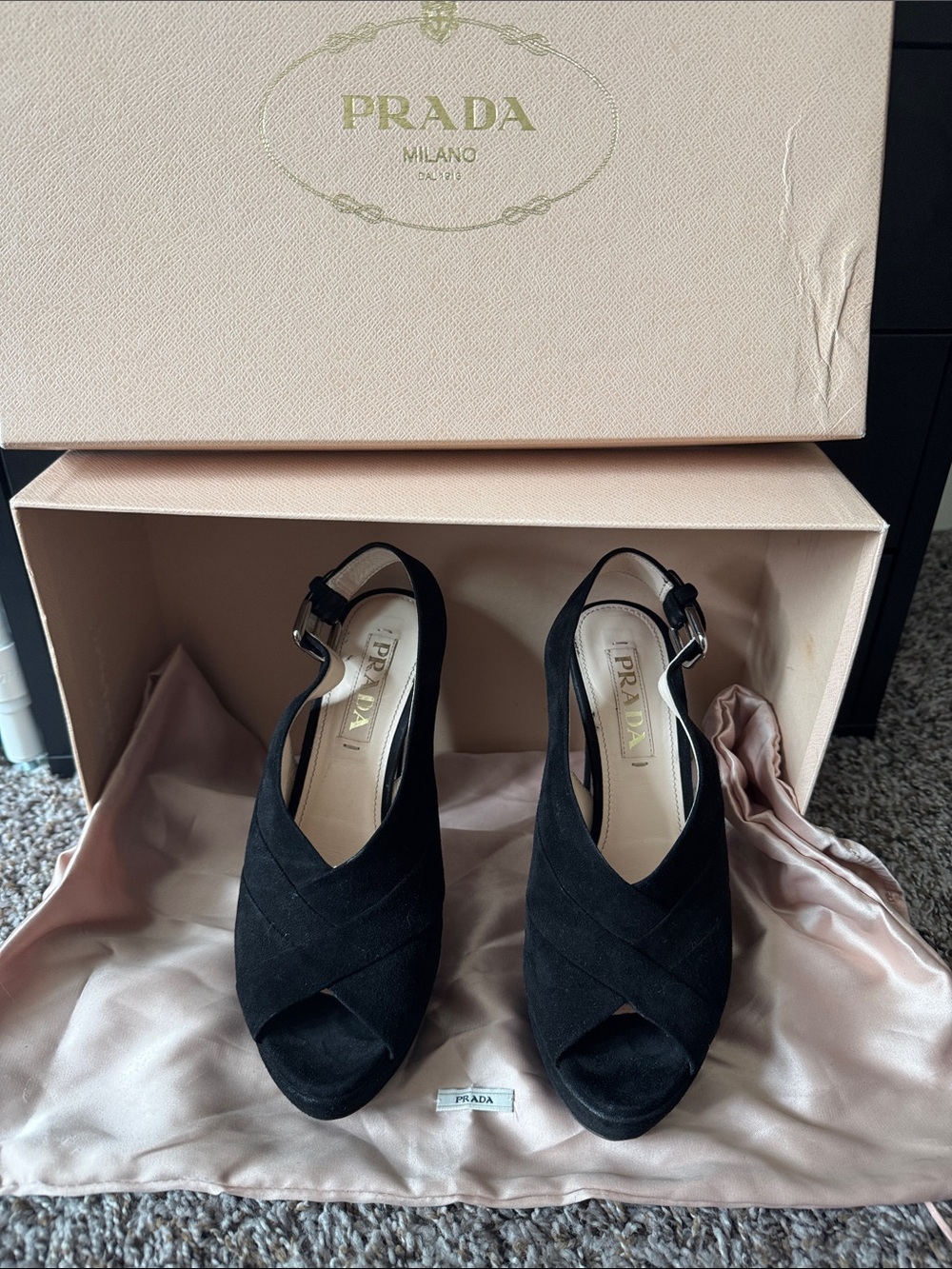 Prada Black Suede Peep-Toe Slingback Heels